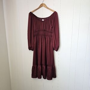 Pink Lily Elegant Burgundy Maroon Midi Ruffle Long Sleeve Dress